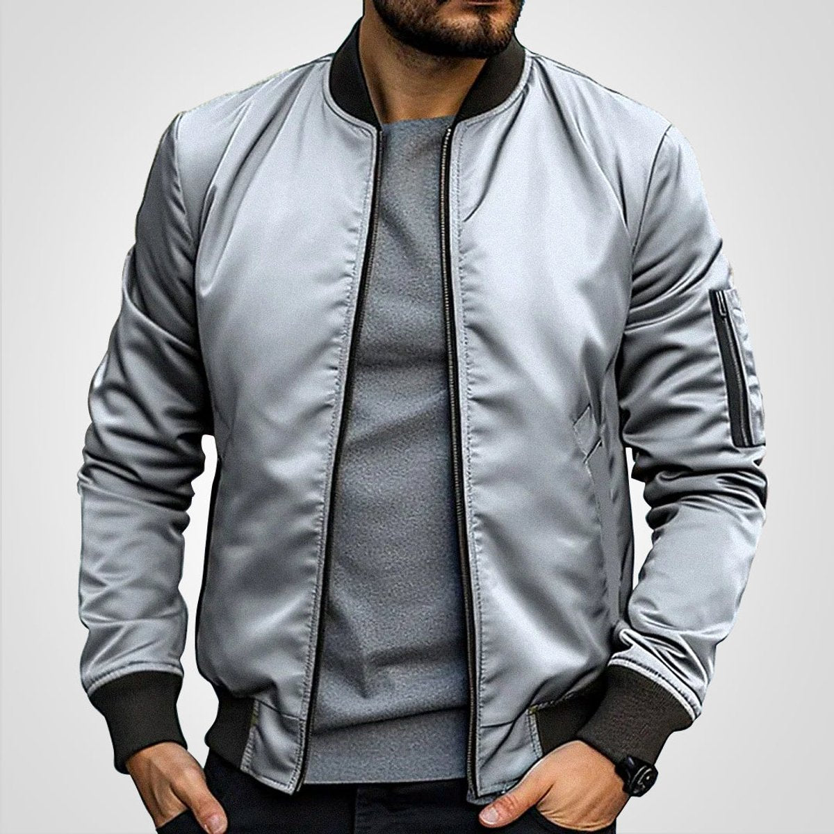 Blouson aviateur zippé à poche manche gris clair pour homme