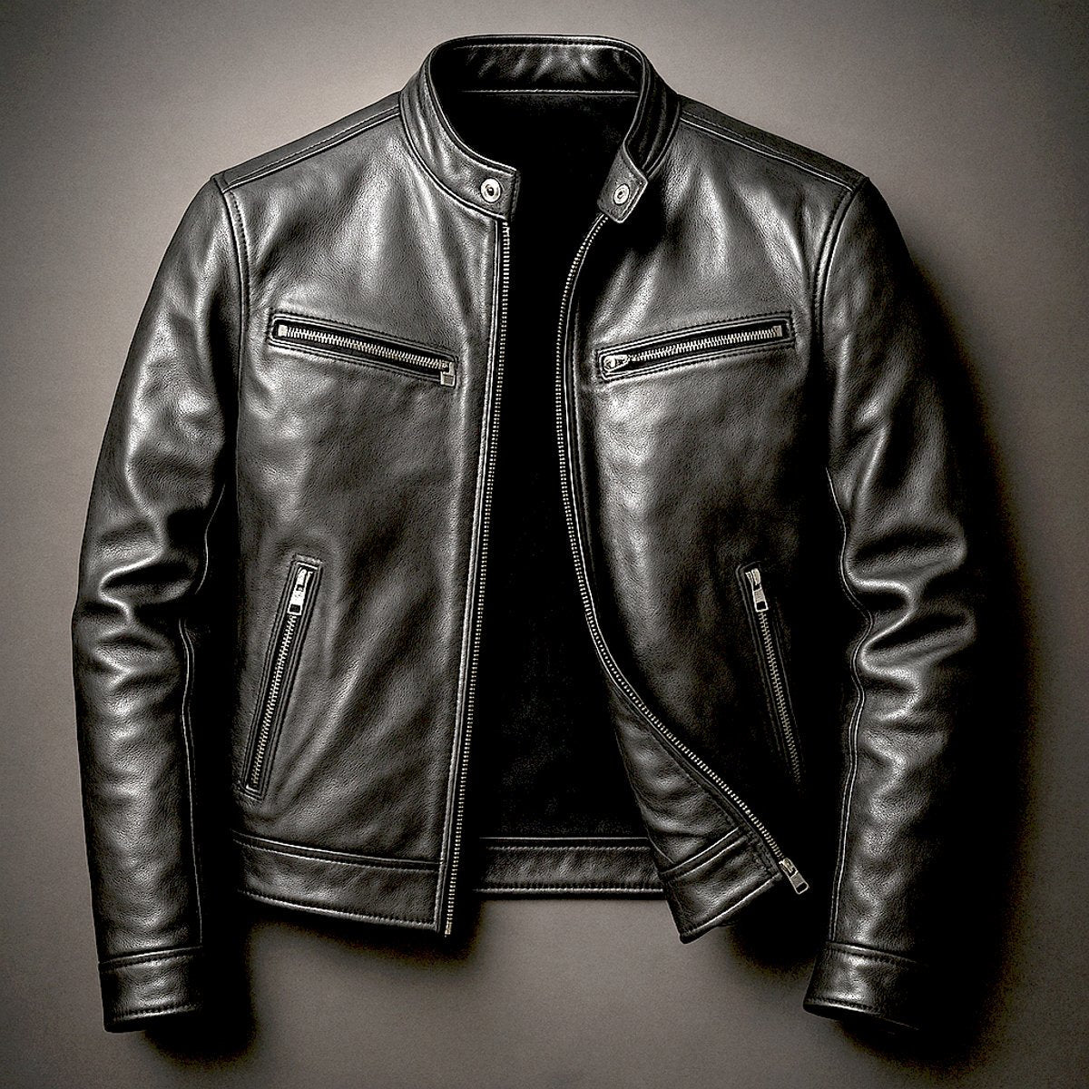 Blouson col montant zippé quatre poches biker noir pour homme