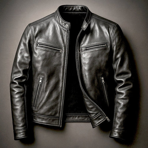 Blouson col montant zippé quatre poches biker noir pour homme