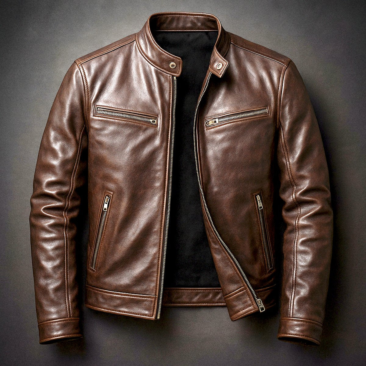 Blouson col montant zippé quatre poches cigar marron pour homme