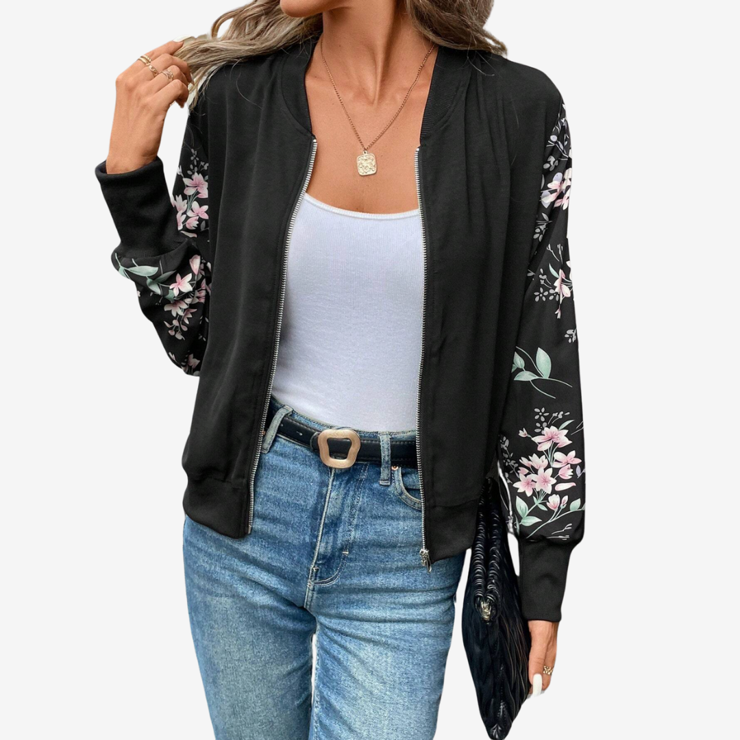 Bomber noir manches florales fermeture zip pour femme