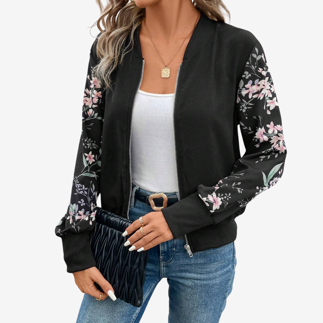 Bomber noir manches florales fermeture zip pour femme – vue 4