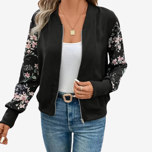 Bomber noir manches florales fermeture zip noir pour femme