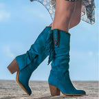 Bottes hautes à franges et ornements turquoise bleu pour femme