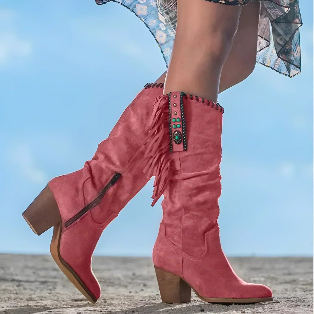 Bottes hautes à franges et ornements turquoise rouge pour femme