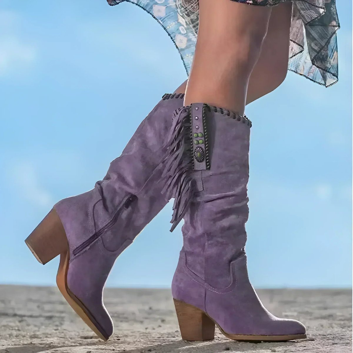 Bottes hautes à franges et ornements turquoise violet pour femme