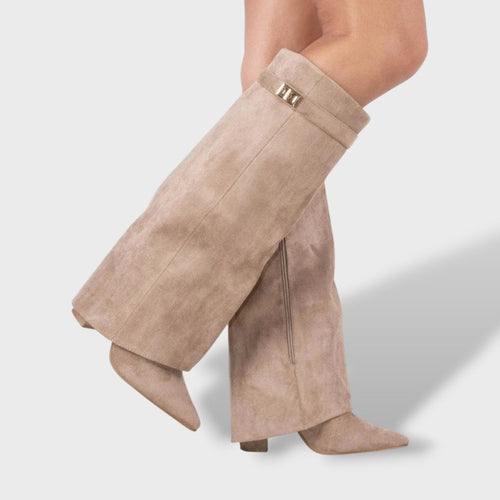 Bottes hautes à revers avec détail doré beige pour femme