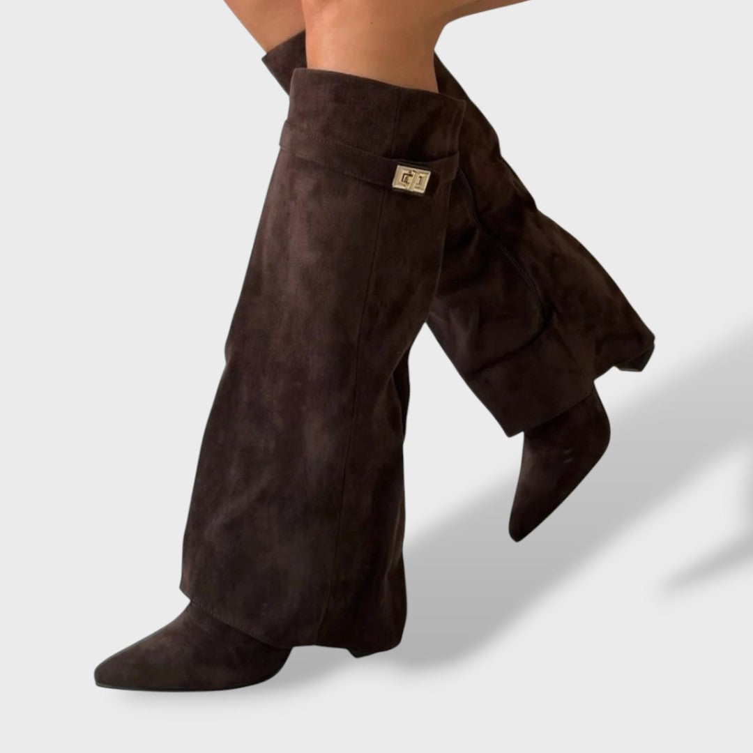 Bottes hautes à revers avec détail doré marron pour femme