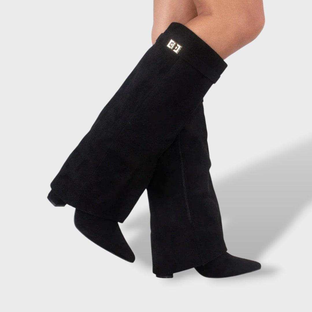Bottes hautes à revers avec détail doré noir pour femme