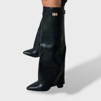 Bottes hautes à revers avec détail doré noir effet cuir pour femme