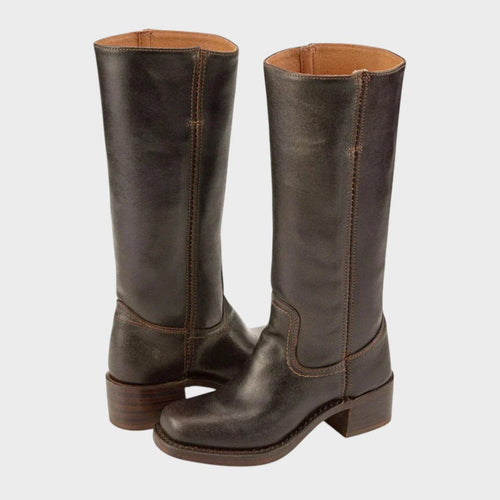 Bottes hautes à talon bloc et surpiqûres marron foncé pour femme