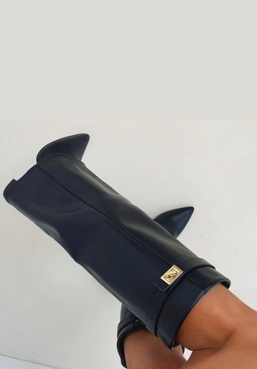 Bottes hautes en cuir à boucle dorée pour femme