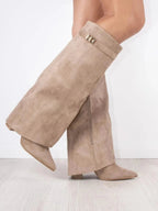 Bottes hautes en daim détail métallique doré pour femme