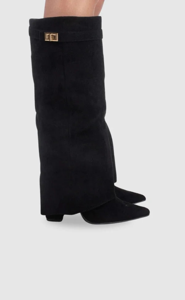 Bottes hautes en daim détail métallique doré pour femme