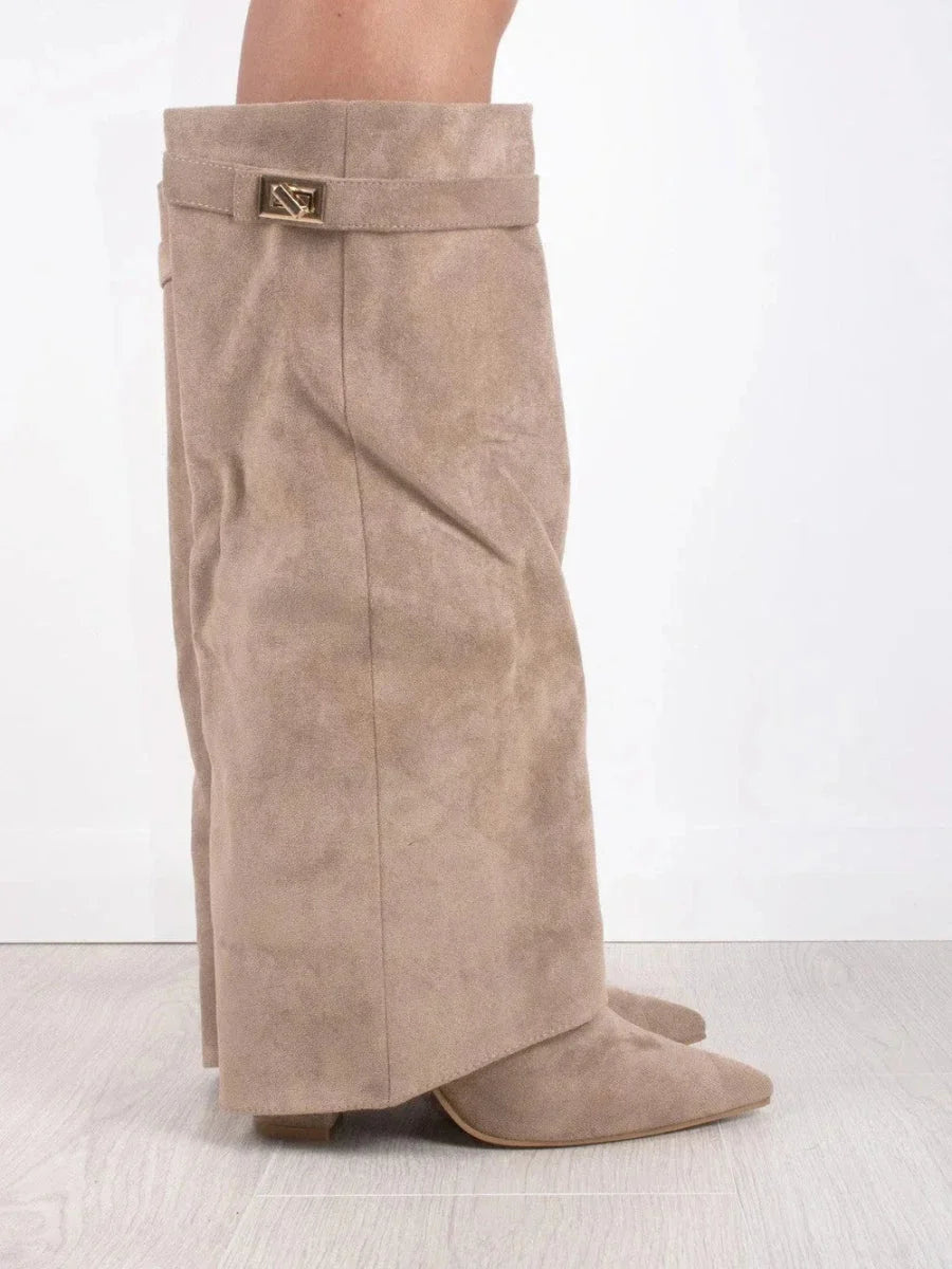 Bottes hautes en daim détail métallique doré pour femme