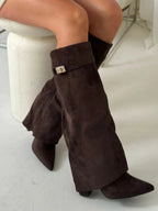 Bottes hautes en daim détail métallique doré pour femme