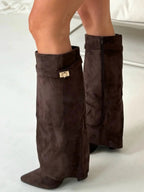 Bottes hautes en daim détail métallique doré pour femme