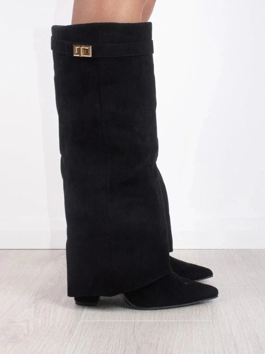 Bottes hautes en daim détail métallique doré pour femme