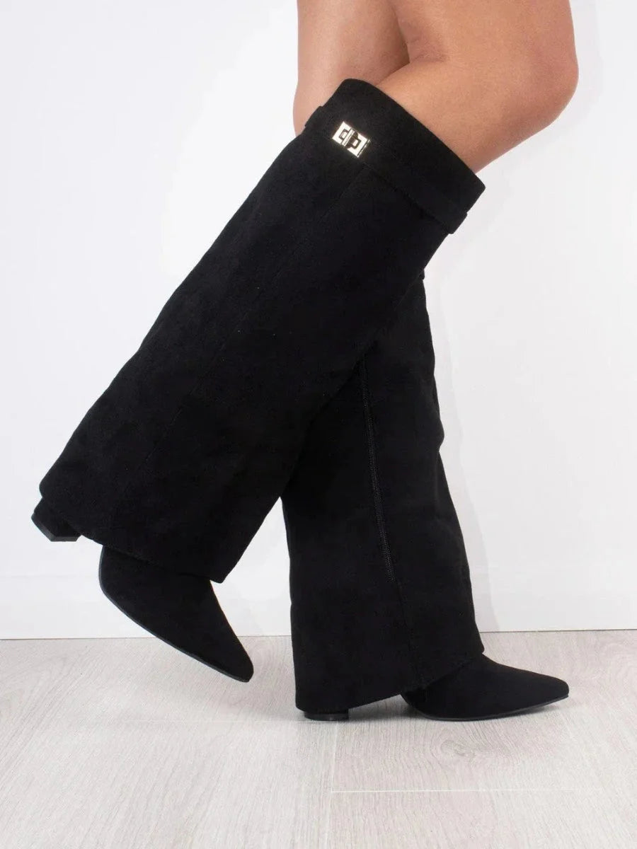 Bottes hautes en daim détail métallique doré pour femme
