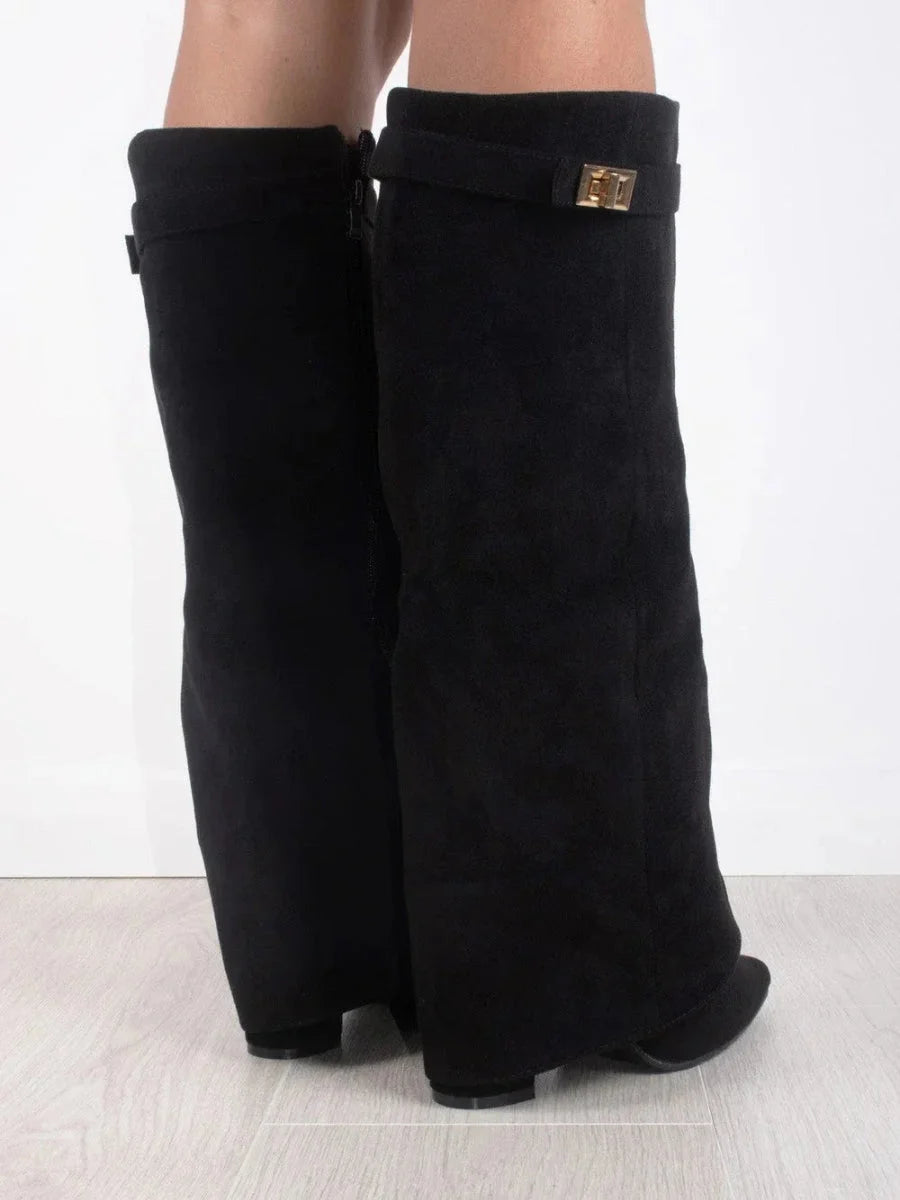 Bottes hautes en daim détail métallique doré pour femme