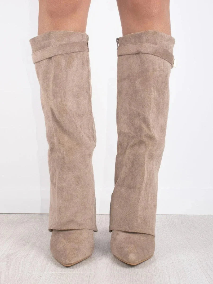 Bottes hautes en daim détail métallique doré pour femme