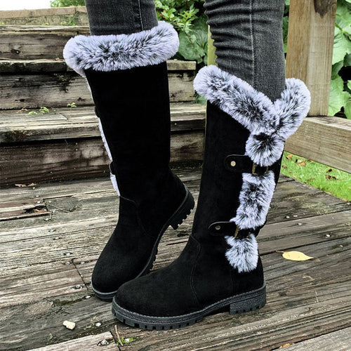 Bottes hautes fourrure grise boucles décoratives noir pour femme
