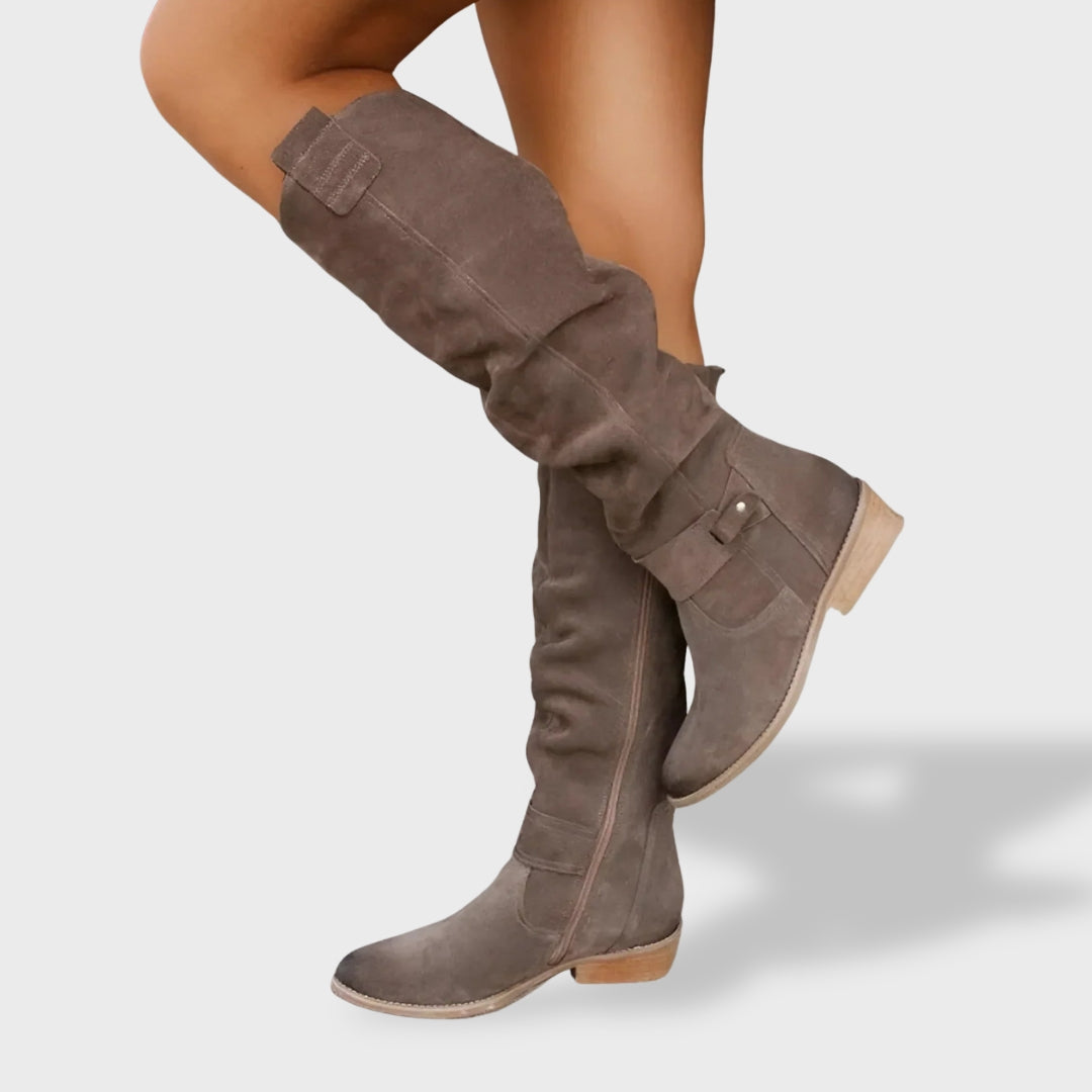 Bottes hautes plissées à talon bloc marron pour femme