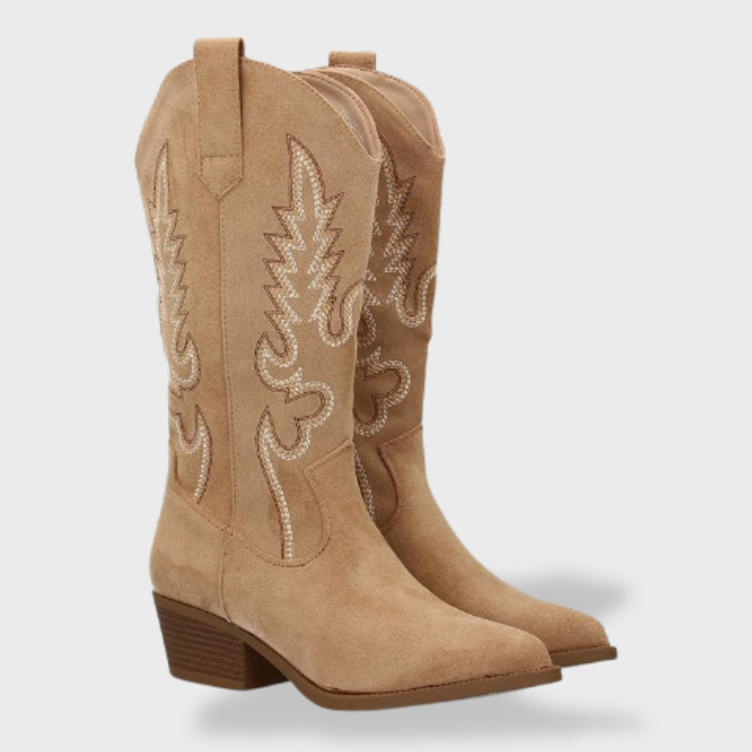 Bottes western brodées à talon beige pour femme