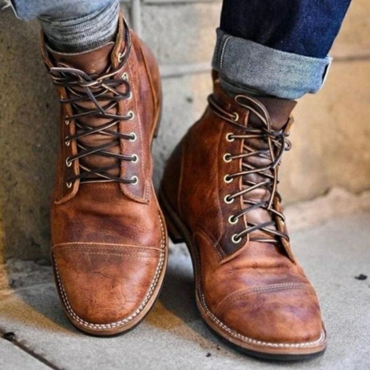Bottines montantes à lacets bout rapporté marron pour homme