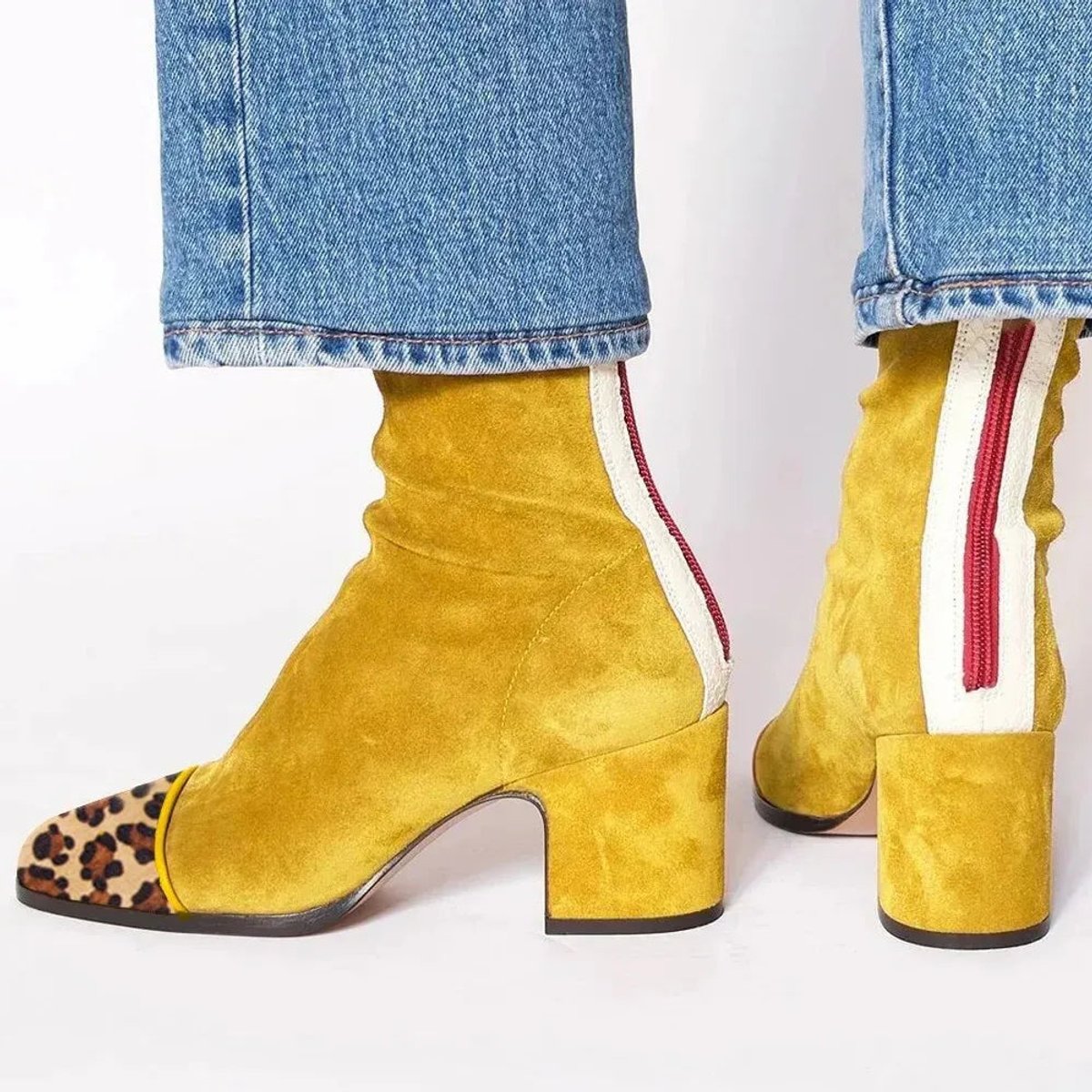 Bottines talon bloc bout carré jaune pour femme