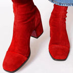 Bottines talon bloc bout carré rouge pour femme