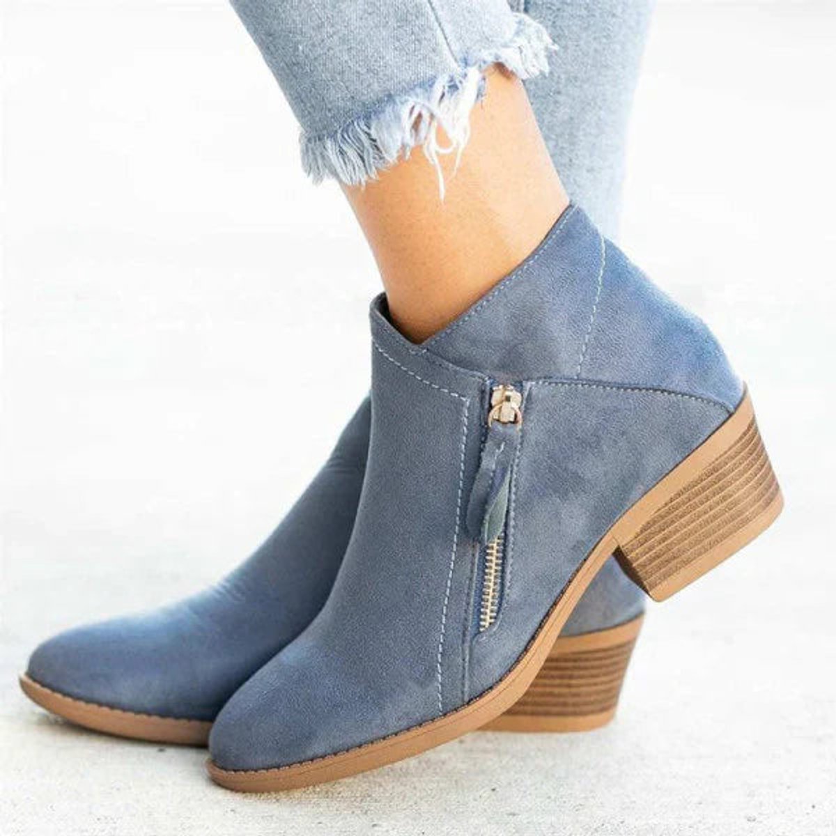 Bottines talon bloc fermeture éclair latérale bleu pour femme