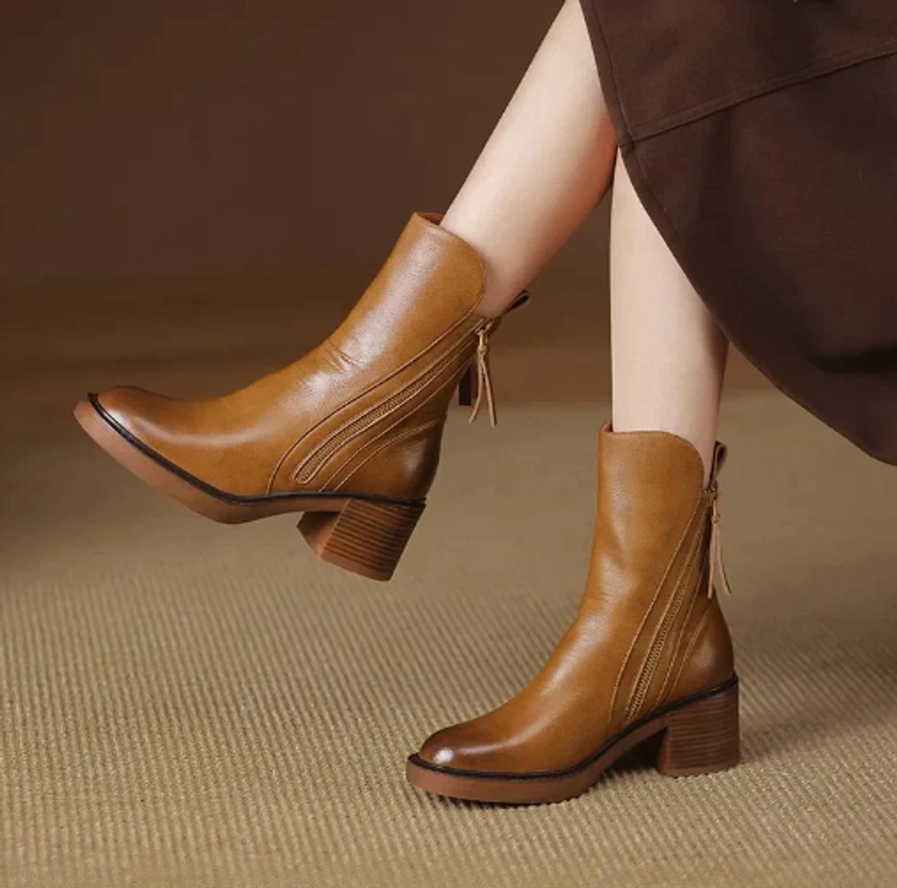 Bottines talon bloc fermeture zippée latérale marron pour femme