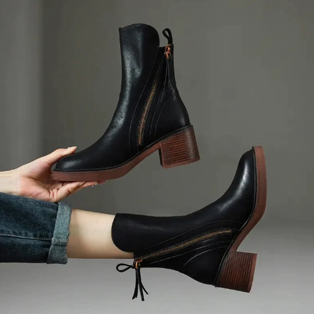 Bottines talon bloc fermeture zippée latérale noir pour femme