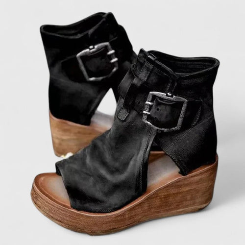 Bottines compensées ouvertes à boucle noir pour femme