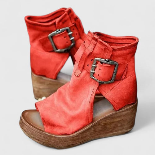 Bottines compensées ouvertes à boucle rouge pour femme