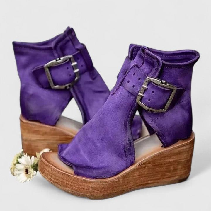 Bottines compensées ouvertes à boucle violet pour femme