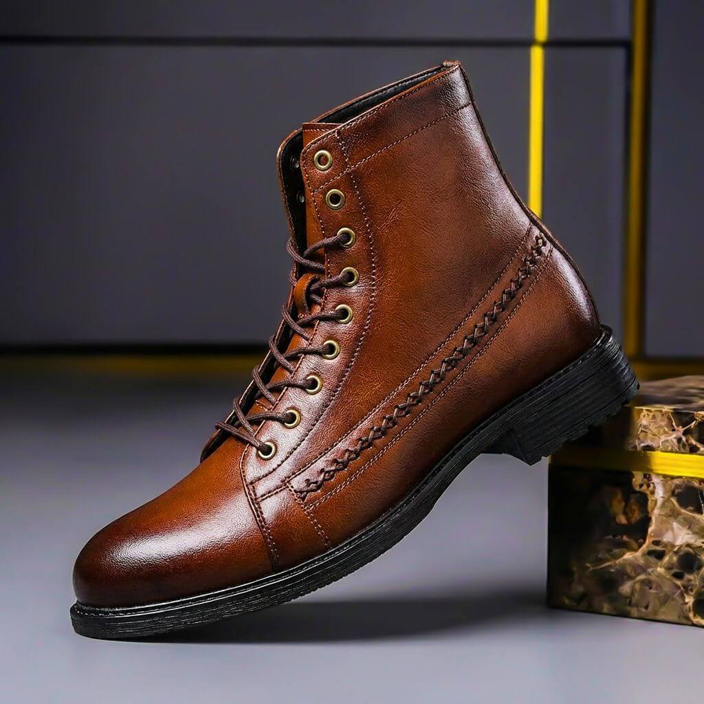 Bottines montantes à lacets détail cousu marron pour homme