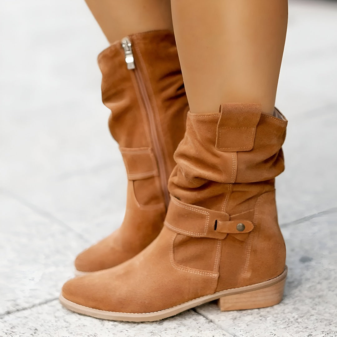 Bottines slouchy à brides et talon bas marron foncé pour femme