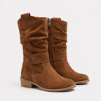 Bottines slouchy à sangle décorative talon bloc marron pour femme