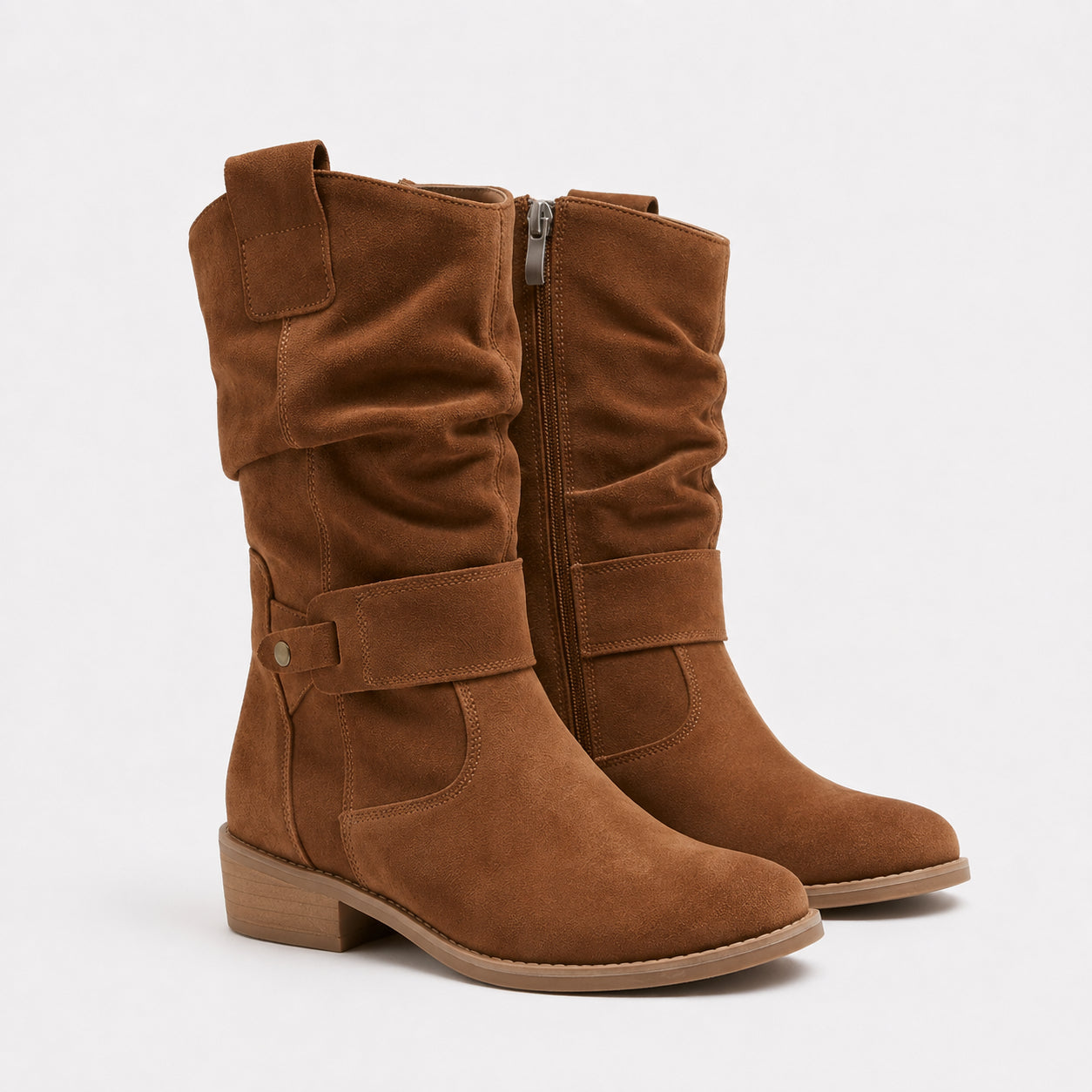 Bottines slouchy à sangle décorative talon bloc marron pour femme