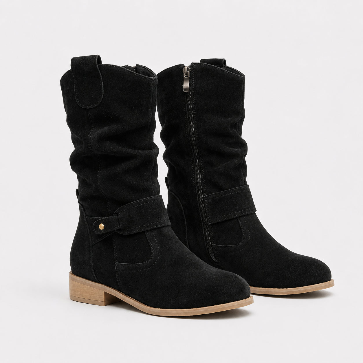 Bottines slouchy à sangle décorative talon bloc noir pour femme