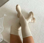 Bottines stretch montantes semelle plateforme crantée beige pour femme
