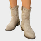 Bottines western broderies contrastées talon bloc pour femme