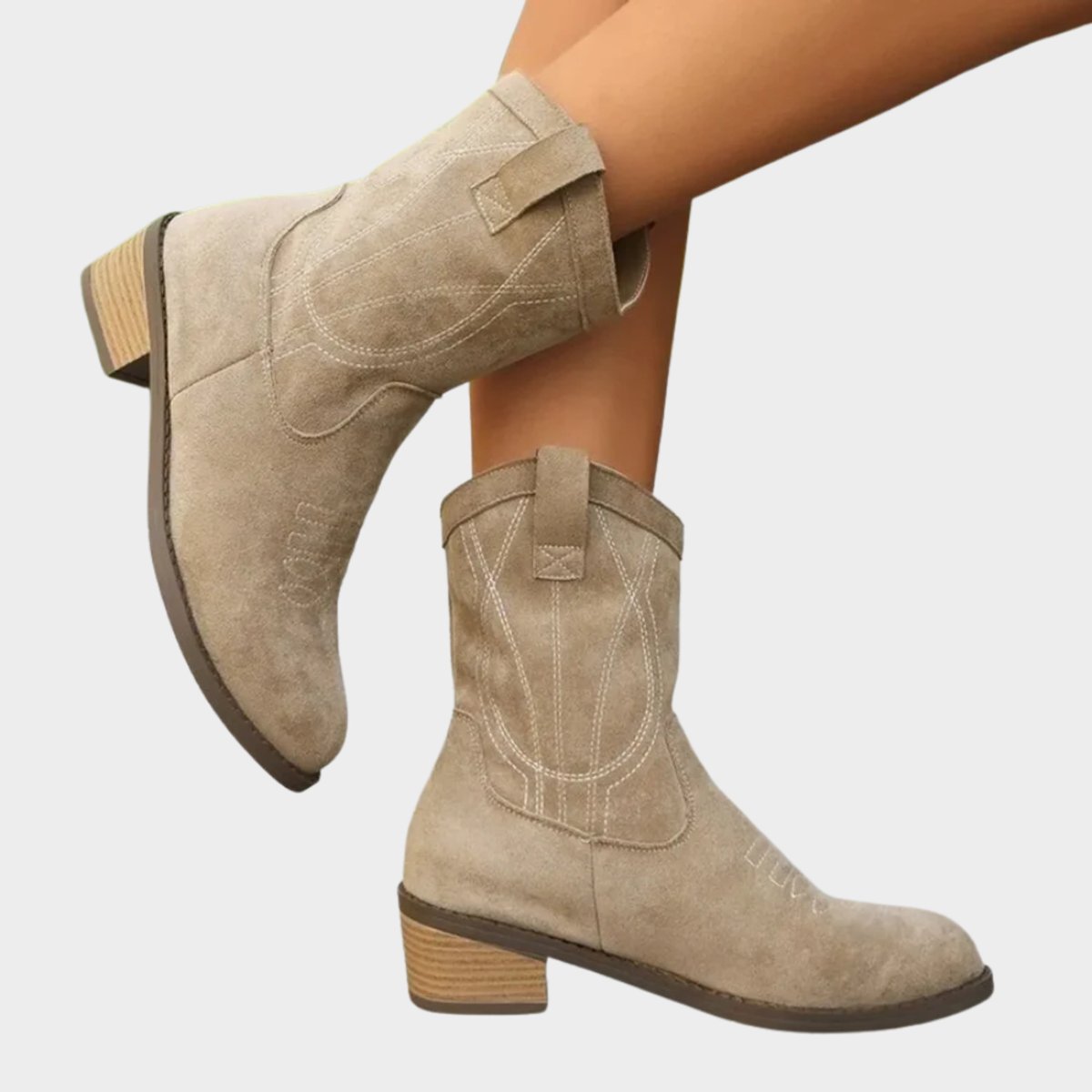 Bottines western broderies contrastées talon bloc gris pour femme