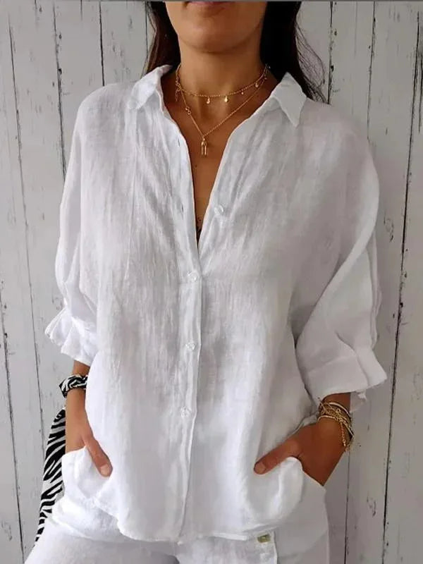 Chemise ample en lin à col mao manches longues pour femme