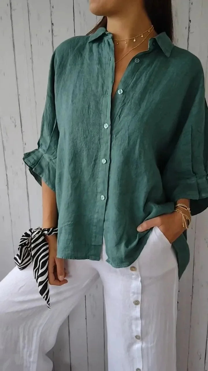Chemise ample en lin à col mao manches longues pour femme