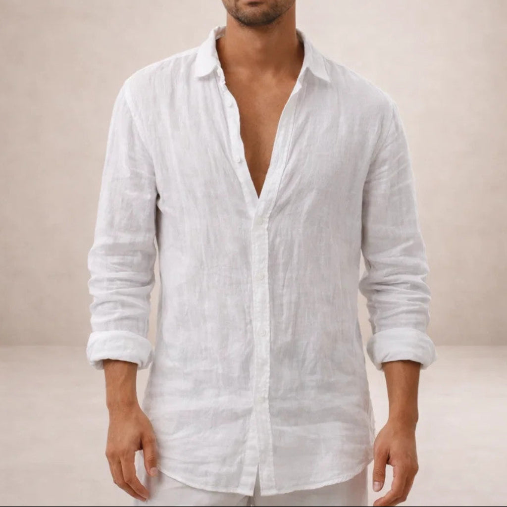 Chemise en lin manches longues col ouvert pour homme
