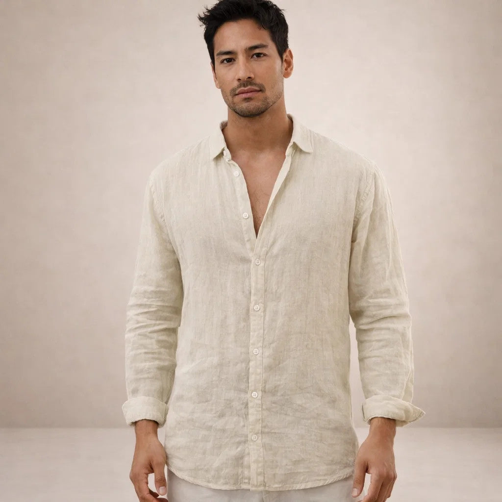 Chemise en lin manches longues col ouvert pour homme