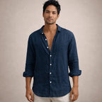 Chemise en lin manches longues col ouvert pour homme